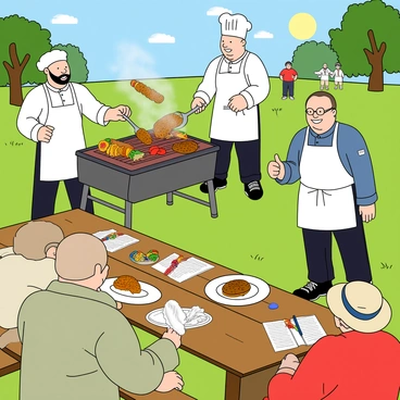 Two chefs standing on a grassy field, both wearing white aprons over their clothes. The first chef has a big smile, tossing marinated chicken on a large grill, with smoke rising and a few vibrant vegetables nearby. The second chef is focused, flipping burgers with a spatula while a colorful array of spices is scattered around. Three judges are seated at a picnic table, each holding a plate with food samples. One judge, with glasses, takes a bite of a skewer, while another, with a notepad, jots down notes, and the third, with a big hat, looks on with a thumbs up. The sun is shining brightly, and there are spectators in the background cheering them on.