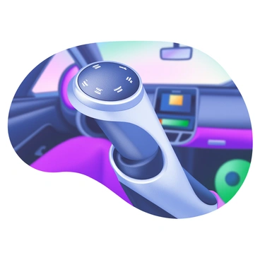 A close-up view of a car's gear shift lever, prominently displayed in the foreground. The gear shift lever is sleek and modern, featuring a polished metallic finish with clear engravings of the gear positions. The background showcases a contemporary car interior, focusing on the dashboard with a digital display, ambient lighting, and soft-touch materials. Subtle textures of the leather seats and trim are visible, adding depth to the scene. The lighting casts gentle reflections on the gear shift lever, highlighting its design elements.