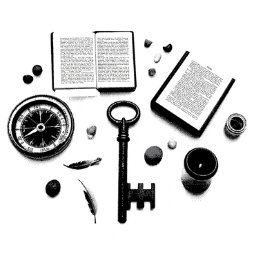 An array of various objects is meticulously arranged on a flat surface. In the center, there is an antique key with intricate engravings, surrounded by several small, colorful stones. To one side, a compass lies with its needle pointing north, and on the other, an open book reveals pages filled with cryptic symbols and diagrams. Scattered around are delicate feathers, a small hourglass, and a candle that has burned low, its wax dripped onto the surface. Each object is positioned purposefully, hinting at deeper connections and hidden meanings among them.
