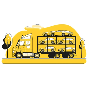 A large car carrier truck filled with shiny new vehicles is driving down a highway. The truck has multiple levels, each stacked high with various models of vehicles, all appearing pristine and polished. The highway stretches out in front of the truck, lined with trees on either side. In the distance, a clear blue sky can be seen above. The truck’s tires are in motion, suggesting speed as it travels along the road.