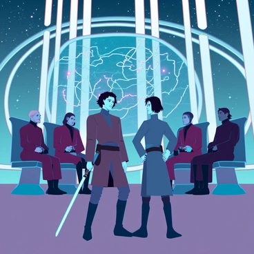 A young man with light skin and dark hair, dressed in a fitted Jedi tunic, stands confidently before a group of wise-looking figures seated in ornate chairs. The setting is a large, circular chamber with high ceilings and large windows revealing a galaxy of stars. Anakin's expression is determined, with a hint of nervousness, as he looks directly at the Council. The Jedi Council members, displaying various alien features and robes, are observing him intently. A holographic display of star charts and lights flickers in the background, adding a futuristic element to the scene. Anakin's lightsaber hangs at his side, symbolizing his readiness for the challenges ahead.