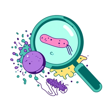 A teal magnifying glass is positioned above a collection of diverse microbes. The microbes include a pink bacterium with long flagella, a round purple virus with spiky protrusions, and a yellow amoeba with an irregular shape and flowing extensions. The background is filled with clusters of smaller microbes, each showcasing unique characteristics. The magnifying glass enhances the details of the microbes, making them appear larger and more defined.