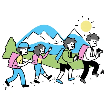 A group of four friends is hiking along a scenic trail. They are actively climbing, surrounded by lush greenery and rocky terrain. In the background, there are majestic mountains with clear blue skies. The sun is shining brightly, casting shadows on the ground. One friend, wearing a red backpack, points towards the peaks. Another friend, with a blue hat, takes a photo with a camera. The third friend has curly hair and is laughing, while the fourth friend, dressed in a green jacket, carries a water bottle.