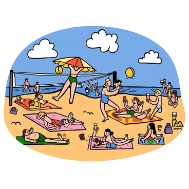 A lively beach scene set in the 1960s. The sandy shore is filled with diverse groups of people sunbathing on colorful towels. Some individuals are wearing vintage swimsuits with bold patterns. In the foreground, a group of people is playing volleyball, animatedly jumping and diving to hit the ball. Nearby, a couple is relaxing under a large umbrella, sipping drinks from retro cups. In the background, there are beachgoers enjoying the sun, with a few children building sandcastles and others wading in the water. A bright blue sky with fluffy white clouds completes the scene.