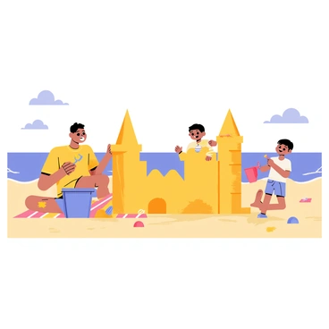 A father and his two kids are on a sunny beach, building large sandcastles. The father is sitting on a colorful beach towel, helping mold the sand with a blue plastic bucket and a yellow shovel. The children are actively engaged, one child is adding a turret to the sandcastle with a small red pail while the other is decorating it with seashells and pebbles found nearby. The beach is lined with gentle waves and a clear blue sky overhead, with a few fluffy white clouds scattered in the distance. The scene captures the joyful interaction and teamwork of the family.
