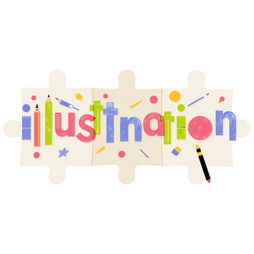 A completed jigsaw puzzle with a variety of colorful pieces fitting together perfectly. The puzzle reveals the word "illustration" in large, bold letters placed centrally. Each letter of the word "illustration" showcases intricate details and patterns, with vibrant colors such as blue, red, and green. Surrounding the word are small, whimsical images like pencils, paintbrushes, and art supplies, adding to the overall theme of creativity. The background is a soft, light color that contrasts with the puzzle's vivid elements, making the completed puzzle stand out prominently.