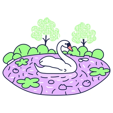 A mosaic artwork depicts a majestic swan gracefully gliding across a pond. The swan is in the center of the image, with its elegant neck arched. Around the swan, there are various geometric shapes created from small pieces, forming the shimmering surface of the water. The pond includes lily pads scattered throughout, each featuring delicate lines to indicate their texture. In the background, a few stylized trees are presented with a repeating pattern, adding depth to the scene.
