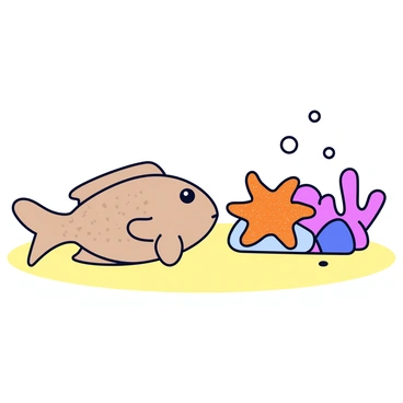 A flounder with a light brown and speckled texture is lying sideways on the sandy floor of a coral reef. The flounder's eyes are prominently on one side of its body, giving it an inquisitive expression. Nearby, a bright orange starfish with five distinct arms is resting on a piece of coral. The starfish has a textured surface and is partially nestled among colorful coral formations in varying shades of pink and purple. Small bubbles are rising from the sandy bottom, indicating gentle movement in the water. The scene captures the dynamic interaction between the flounder and the starfish.