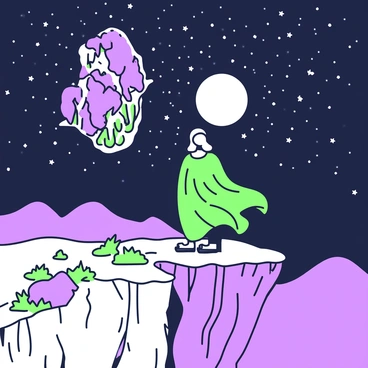 A figure stands atop a cliff, surrounded by rocky terrain that drops sharply into the darkness below. The figure is silhouetted against the moonlight, which bathes the scene in a soft glow. Above, a starry sky is visible, filled with countless twinkling stars, scattered across a deep expanse. The moon, large and bright, casts shadows on the cliffs, enhancing the dramatic effect of the scene. The figure wears a flowing cloak that billows gently in the night breeze, creating a sense of movement. The landscape features rugged rocks and patches of sparse vegetation, emphasizing the isolation of the cliff.