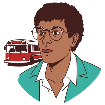 A close-up illustration of a determined Freedom Rider with short black hair and wearing round glasses. The Freedom Rider's face shows intense concentration, with furrowed brows and slightly pursed lips. They are adorned in a white shirt and a teal jacket, which contrasts sharply with their complexion. In the background, there is a hint of an old bus, giving context to their journey. The Freedom Rider's eyes are focused and reflect a spirit of resilience and determination, as they look forward with resolve.
