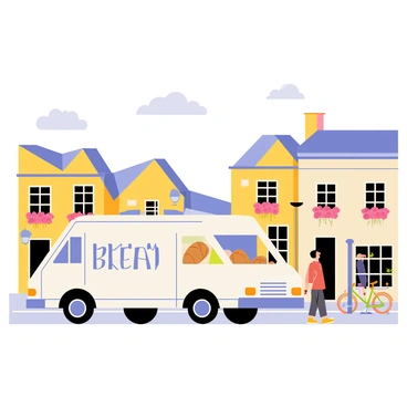 A white bread truck with the word "BREAD" painted in bold letters on the side is driving through a quaint village. The village features cobbled streets lined with charming, colorful houses. Each house has flower boxes filled with vibrant flowers under the windows. A small bakery with a sign hanging out front displays freshly baked loaves in the window. There are a few villagers walking along the street, and a bicycle rests against a lamppost nearby. The sky above is clear with a few fluffy clouds.