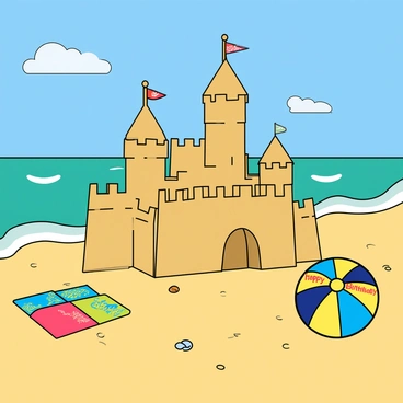 A bright beach scene with golden sand stretching out to meet the turquoise waves of the ocean. In the foreground, there is a large, intricately designed sandcastle with towering turrets and smooth walls, decorated with colorful seashells and small flags on each peak. Nearby, a colorful beach ball is resting on the sand, displaying the words "Happy Birthday" in bold, fun letters. The beach is dotted with vibrant beach towels, a few scattered seashells, and a bright blue sky overhead with a few fluffy white clouds drifting by.