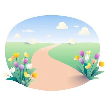 A peaceful country lane is winding through the scene, flanked by vibrant wildflowers in shades of yellow, purple, and white. The flowers sway gently in the breeze, creating a colorful border along the edge of the path. A clear blue sky stretches overhead, dotted with a few fluffy white clouds. The lane itself is a soft, earthy brown, leading the viewer's eye towards the horizon where it disappears into the distance. Sunlight bathes the entire scene, casting soft shadows from the flowers onto the ground.