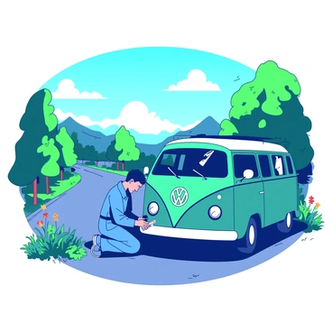 A mechanic wearing a blue jumpsuit is kneeling beside a teal Volkswagen van parked on the side of a winding road. The van’s hood is open, revealing the engine, and the mechanic is inspecting the components with a wrench in hand. Surrounding the road are vibrant green trees and colorful wildflowers, creating a contrast with the bright blue sky above. In the background, rolling hills can be seen, adding depth to the scenic view. The sunlight casts a warm glow, illuminating the scene.