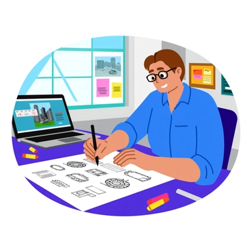 A designer with short brown hair is sitting at a desk in an office, concentrating on a large sheet of paper filled with detailed sketches of safety gear for emergency responders. The desk is cluttered with colorful markers, sticky notes, and a laptop displaying a digital design program. Sunlight streams in through a nearby window, illuminating the room and casting soft shadows. On the walls, there are framed images of emergency response scenes and a corkboard filled with notes and inspiration. The designer is wearing a blue shirt and glasses, with a focused expression as they draw.