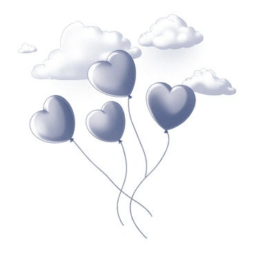 A multitude of heart-shaped balloons are drifting gently in the sky. Each balloon is tied to a thin string that flows downwards. Above them, fluffy white clouds are scattered across the sky, creating a soft, textured background. The balloons are varying in size and are positioned at different heights, some closer to the viewer and others further away, giving a sense of depth and movement in the scene.