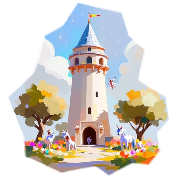 A tall, slender tower resembling the Galata Tower, transformed into a fairy tale structure with whimsical architectural features. The tower is adorned with colorful banners fluttering in the wind and sparkling lights decorating its façade. Surrounding the tower are various magical creatures, including a small, winged fairy with shimmering wings hovering near the entrance, a gentle unicorn grazing nearby, and playful elves peeking from behind the trees. The scene is enriched with vibrant flowers and lush greenery, creating an enchanting atmosphere that invites exploration. Bright stars twinkle in the sky above, adding to the sense of wonder.
