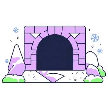 Snowflakes are gently falling at the entrance of an outdoor metro tunnel. The tunnel is constructed of sturdy concrete, with clear lines and a rounded archway. On either side of the entrance, there are large snow-covered rocks and patches of white snow on the ground. Inside the tunnel, the dark passage leads away into shadows, hinting at the underground path. A few snowflakes are clinging to the edge of the tunnel, enhancing the winter atmosphere. The snowflakes are varying in size, creating a delicate and tranquil scene at the entrance.