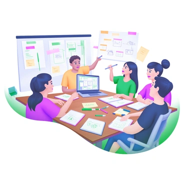 A group of five students is gathered around a large wooden table. They are engaged in a discussion while surrounded by colorful mind maps and sketches. Each student has a notebook open in front of them, filled with notes. One student is pointing at a sketch, while another is taking notes intently. There are pens, markers, and sticky notes scattered across the table, adding to the creative atmosphere. A laptop sits on the side, displaying a digital mind map. The students display a mix of expressions, from curiosity to excitement, as they collaborate on their project.