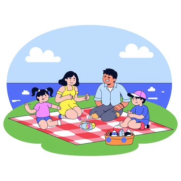 A family of four is sitting on a red and white checkered picnic blanket spread out on a lush green grassy shore. The parents, a mother wearing a yellow sundress and a father in a light blue shirt, are smiling as they watch their two children. One child is a girl with pigtails, reaching for a sandwich, while the other is a boy with a baseball cap, playfully tossing a frisbee. In the background, the lake glistens under the sunlight, and a few fluffy white clouds are visible in the clear blue sky. A picnic basket is placed beside them, filled with fruit and drinks.