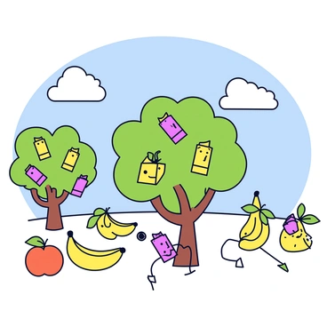 A magical land where juice boxes grow on trees, surrounded by smiling fruit characters.