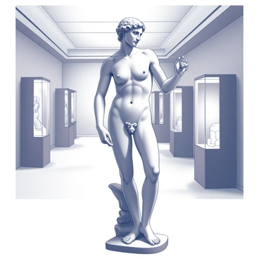 A marble statue stands prominently in a historical museum. The statue depicts a classically inspired nude figure with a well-defined muscular frame and graceful posture. The figure is posed elegantly, with one arm raised slightly above the head and the other resting by the side. Intricate details highlight the anatomy, including defined muscles and delicate features on the face. The marble surface has a polished sheen, enhancing the realism of the sculpture. The museum setting features high ceilings and rows of display cases, with soft lighting illuminating the statue, creating shadows that accentuate its form.