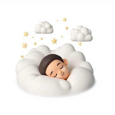 A person, who embodies the traits of an INFJ, is sleeping peacefully on a soft, plush pillow. Their face is serene, with a gentle smile and closed eyes. Above their head, there are fluffy, dreamy clouds with a soft, white texture. Scattered among the clouds, there are twinkling stars, glowing softly in various sizes, creating a tranquil ambiance. The overall scene conveys a sense of calm and introspection, as the person rests in a space filled with whimsical elements symbolizing dreams.