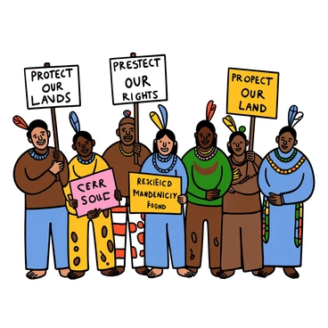 A group of Native Americans standing together in unity. They are holding signs with messages like "Protect Our Land" and "Respect Our Rights," expressing their peaceful protest against forced relocation. Each individual is dressed in traditional attire, showcasing vibrant colors and intricate patterns. Some have feathers in their hair, while others are wearing beaded jewelry. The scene captures their determination and resilience, highlighting a diverse group of men and women of varying ages, all focused and united in their cause.