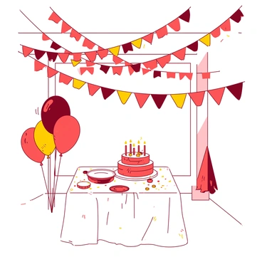 Colorful paper guirlandes in vibrant shades of red and yellow are zigzagging across the ceiling of a room decorated for a birthday party. Each guirlande is composed of alternating shapes, such as stars and circles, creating a festive atmosphere. Below the guirlandes, a table is set up with a white tablecloth adorned with colorful confetti and a large birthday cake topped with candles, waiting for the celebration to begin. Balloons in varying sizes float around the room, adding to the lively ambiance of the party.