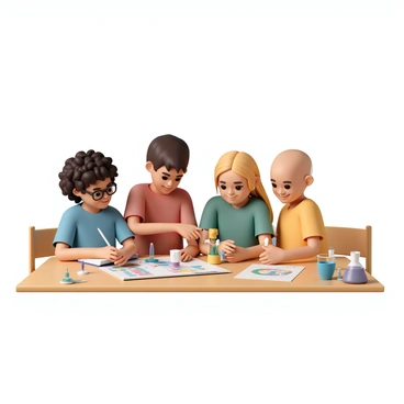 A diverse group of four children is gathered around a wooden school desk, engaged in a science project. One child, a girl with curly black hair, wears a blue t-shirt and glasses while holding a notebook and pencil, looking thoughtful. Next to her, a boy with straight brown hair, wearing a red shirt, is pointing at a colorful chart laid out on the desk. Another girl, with long straight blonde hair, is carefully assembling a model with small plastic parts, wearing a green t-shirt. The fourth child, a boy with shaved head and a yellow shirt, is smiling and showing excitement as he observes the model being built. Various science materials including beakers and diagrams are scattered across the desk, creating a vibrant and energetic atmosphere.