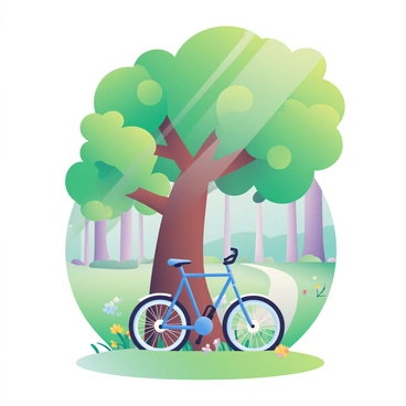 A lone bicycle with a blue frame is leaning against a tall oak tree in a tranquil forest. The tree has a thick trunk and vibrant green leaves that sway gently in the breeze. The ground is covered with a layer of soft green grass interspersed with colorful wildflowers in shades of yellow, purple, and white. Sunlight filters through the branches, casting dappled light on the bicycle. The forest is filled with tall trees reaching towards the sky, and in the background, a path winds through the greenery, inviting exploration.