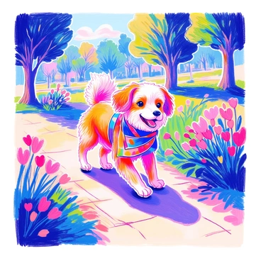 A dog with fluffy fur and bright, expressive eyes is walking happily in a park. The dog is wearing a colorful foulard tied around its neck, adding a touch of style. The park features green trees in the background and a path lined with flowers. The sun casts gentle light, illuminating the dog's fur and the vibrant colors of the foulard.