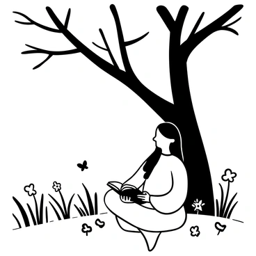A woman in a flowing dress sitting cross-legged under a large tree with a thick trunk and expansive branches. She holds an open book in her hands, completely absorbed in reading. Surrounding her are wildflowers and tall grass in a meadow, with a few butterflies fluttering nearby. The large tree casts a gentle shadow over her, providing a serene spot for her to enjoy her reading.