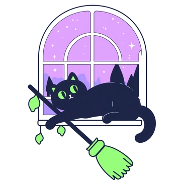 A black cat is lounging comfortably on a broomstick positioned against a window. The cat has shiny fur and bright eyes, appearing relaxed as it stretches out on the broom. The broomstick is adorned with a few scattered leaves, adding a touch of nature. Outside the window, there are silhouettes of distant trees and a starry night sky visible. The window frame is intricately designed, enhancing the overall scene.