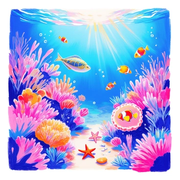 An underwater scene features a vibrant coral reef teeming with life. The coral is richly colored in shades of pink, orange, and blue. Various species of fish swim among the coral, including a school of yellow tangs and a bright clownfish nestled in an anemone. Sunlight filters through the water, creating a dappled effect on the ocean floor. In the background, a sea turtle glides gracefully past, while a starfish rests on the sand. Several small bubbles rise to the surface, adding to the lively atmosphere of the underwater ecosystem.