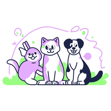 A group of animals is gathered in a playful scene. In the center, there is a cat with distinct human-like eyes, its fur is finely detailed, and it appears curious. Beside the cat, a dog is standing with an exaggerated smile, showcasing its friendly demeanor. There is also a rabbit sitting on its haunches, sporting a comical expression with human-like traits in its facial features. The background includes elements of a grassy field, adding to the lively atmosphere of this animated gathering.
