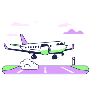 A plane is approaching the runway in a smooth landing. The aircraft has its landing gear deployed and is positioned just above the runway surface. As the wheels make contact with the ground, smoke is rising from the tires, creating a visible cloud around them. The runway is marked with white lines and a few lights along the sides, and the plane's wings are extended with flaps down, indicating a controlled landing. In the background, a clear sky is visible, with a few scattered clouds.