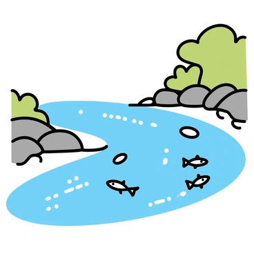 A clear brook with transparent water flowing gently over smooth stones. Small minnows, with silver bodies and delicate fins, are darting among the rocks at the bottom of the brook. Sunlight reflects off the surface of the water, creating shimmering patterns. Lush green foliage lines the banks, and a few pebbles are scattered along the water's edge.