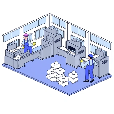 The interior of a cotton processing factory filled with large, industrial machinery. There are several machines with moving parts designed for separating cotton fibers from seeds, each painted in a shade of gray. Workers in blue overalls are actively operating the machines, wearing safety goggles and gloves. A large pile of raw cotton sits in one corner of the factory, while clean, fluffy cotton bales are stacked neatly in another area. The factory walls are lined with windows, allowing natural light to illuminate the workspace.