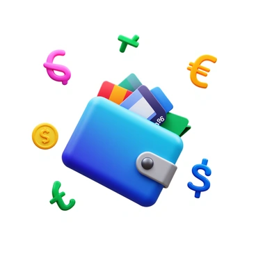 A 3D illustration of a digital wallet with currency symbols floating around