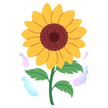 A large sunflower stands tall with a vibrant yellow bloom. Each petal is displayed in detail, showcasing the unique texture and vein structure. The central disc of the flower is filled with small, packed florets, exhibiting a rich brown color. Surrounding the sunflower are green, serrated leaves attached to a sturdy stem. A soft gradient of pastel colors acts as a background to highlight the sunflower's features.
