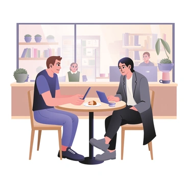 A freelance illustrator is seated at a small round table in a cafe, facing an agent. The illustrator has light skin, short wavy brown hair, and is wearing a casual blue shirt and jeans. The agent has medium skin and straight black hair, dressed in a tailored gray blazer and white shirt. They are both looking at a tablet placed on the table, discussing contract details. The cafe has wooden shelves lined with books, a large window allowing natural light to stream in, and potted plants placed on the windowsill. There are coffee cups on the table, and a plate with a pastry sits next to them. The background includes other patrons and a barista behind the counter.
