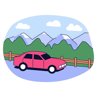 A car parked at an overlook, with a panoramic view of mountains