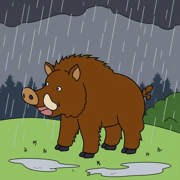 A wild boar stands firmly on a grassy patch, its thick bristly fur glistening with raindrops. The boar's large tusks protrude prominently as it faces the heavy rain falling from a dark, overcast sky filled with ominous gray clouds. Puddles of water gather around its hooves, while the rain creates ripples in the surface of the puddles. In the background, there are hints of blurred trees, swaying slightly in the gusty wind. The wild boar's eyes are bright and alert, showcasing its determination to brave the storm.