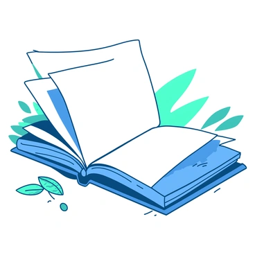 An open diary with empty white pages is resting on a wooden surface, slightly tilted as it flutters in the wind. The pages are lifted and turned, creating a dynamic movement. In the background, soft teal shadows are cast, suggesting a gentle breeze. The diary has a textured cover in a rich blue color, accentuated by small metallic rings binding it together. Scattered around the diary are delicate leaves that are also being swept by the wind, adding to the sense of motion in the scene.