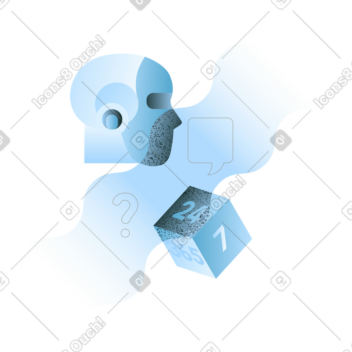 Robotic head with chat bubble and question mark, AI powered 24/7 support chatbot illustration in Concept style download in PNG, SVG