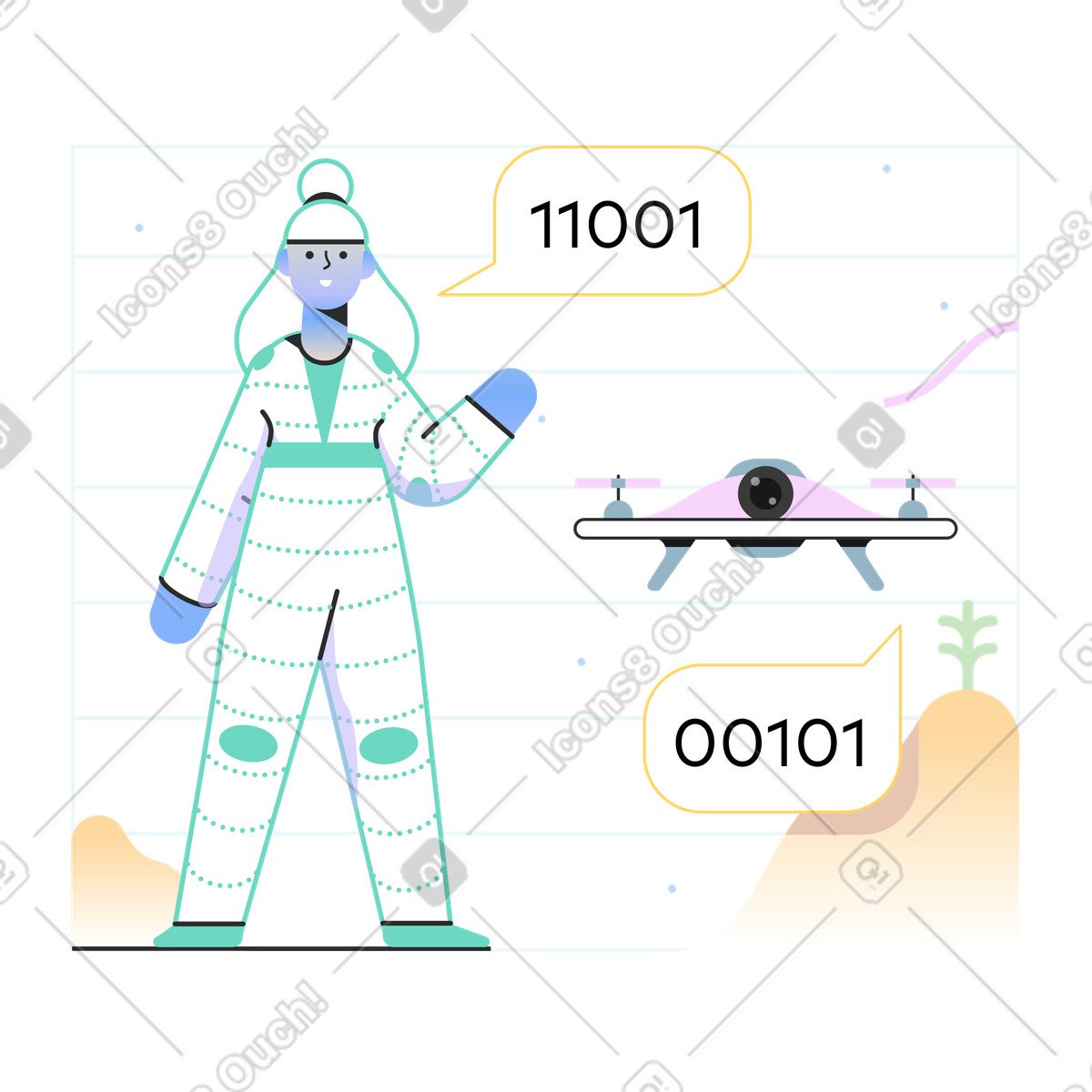 Intelligenza artificiale e droni illustrazione in stile Marginalia scarica in PNG, SVG