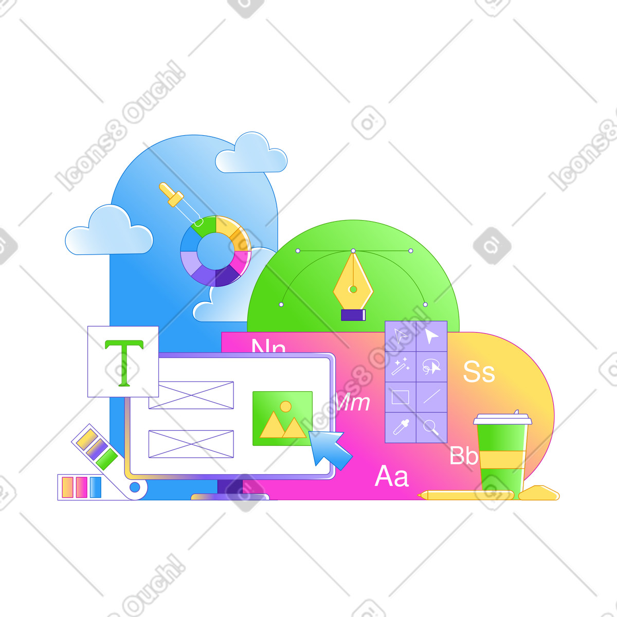 Design software interface, Web process and creative workflow illustration in Rainbow style download in PNG, SVG