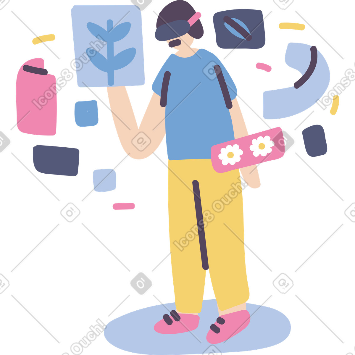 Virtual reality interface, user exploring floating ui cards and digital space illustration in Pluto style download in PNG, SVG