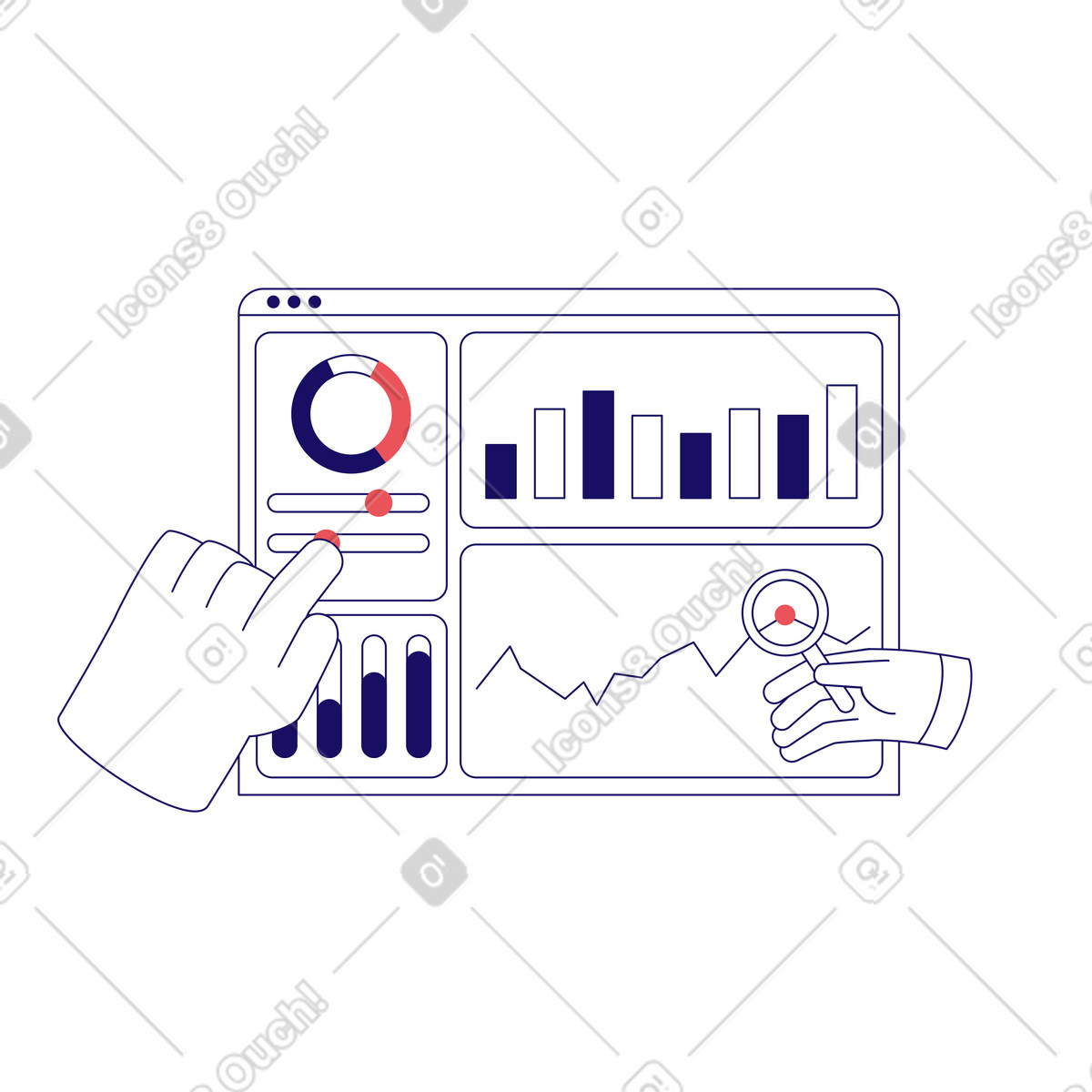 Working with the business dashboard animated illustration in Bendy style download in GIF, Lottie (JSON), AE